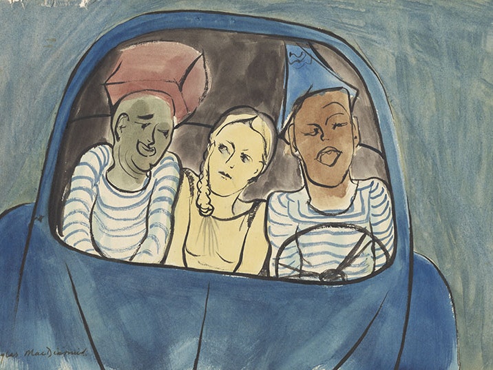 Douglas MacDiarmid, Untitled, from the series ‘Hitchhiking in France’, 1953, watercolour. Gift of Helen Hitchings, 1991. Te Papa (1995-0011-1/2-6) Watercolour painting of three people squeezed into a blue car. A women is in the middle and two men in white T-shirt with blue stripes sit either side of her