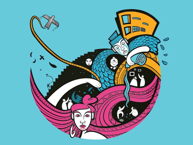 Wana Ake logo. Illustration by Miriama Grace-Smith. Te Papa Illustration featuring many elements contained in a circular design, including a kite, the Te Papa building, male and female figures, people looking at art, someone skating, and people gardening