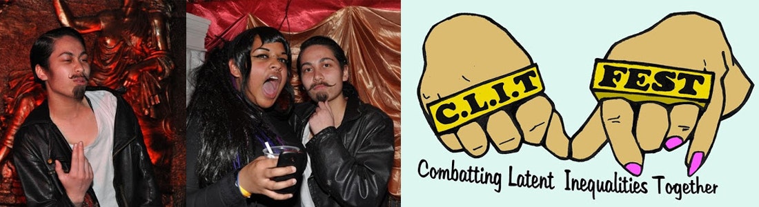 A person in a leather jacket looking off camera, two people looking at the camera and a poster of two hands with the words C.L.I.T. FEST written on knuckle-duster rings with the text below that says 'Combatting Latent Inequalities Together'