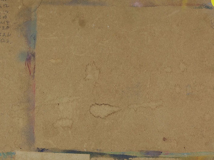 Back of the painting Anemones by Flora Scales, about 1969. Te Papa (2006-0007-4) a yellow sticker and some illegible text on card