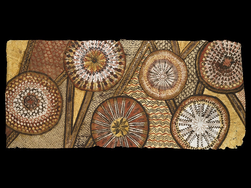 Kapa (tapa cloth), made by Maile Andrade, barck cloth, Hawaii, 2009. Te Papa (FE012441) Orange, brown, yellow, and white circles on a bark cloth on a black background