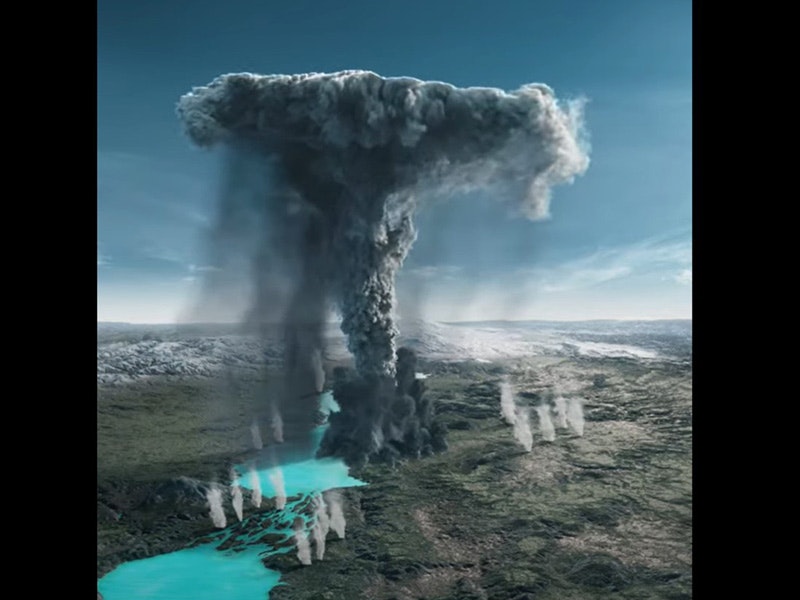 Reference landscape image courtesy of LINZ. CC BY 4.0 An illustration of an ash volcano exploding over landscape and lakes