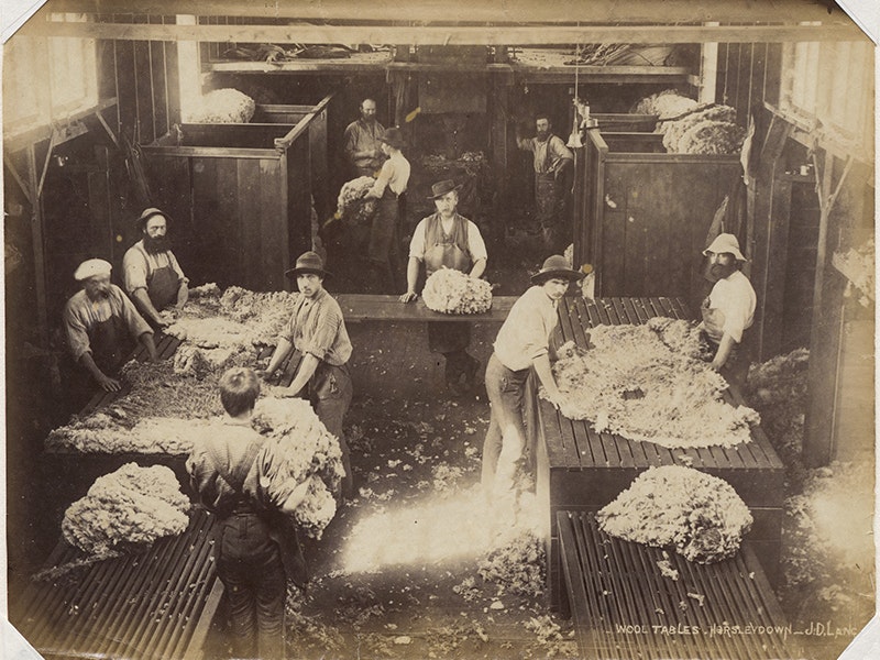 Wool tables, Horsley Downs - J.D.Lang, 1883-1889, Canterbury, by Wheeler and Son studio. Purchased 1981 with New Zealand Lottery Board funds. Te Papa (O.002182) A sepia photo of a woolshed with ten people surrounding big tables with shorn wool sitting on them
