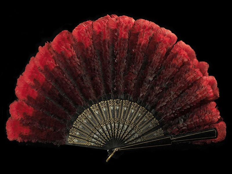 Fan, 1880s, maker unknown. Gift of T Coleridge, 1984. CC BY-NC-ND 4.0. Te Papa (PC002960) A bright red feather