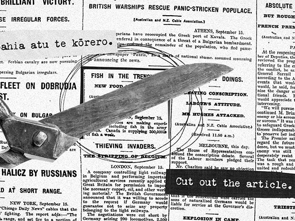 Screenshot from ‘How to make a dadaist poem’ poem featuring a pair of scissors and newspaper