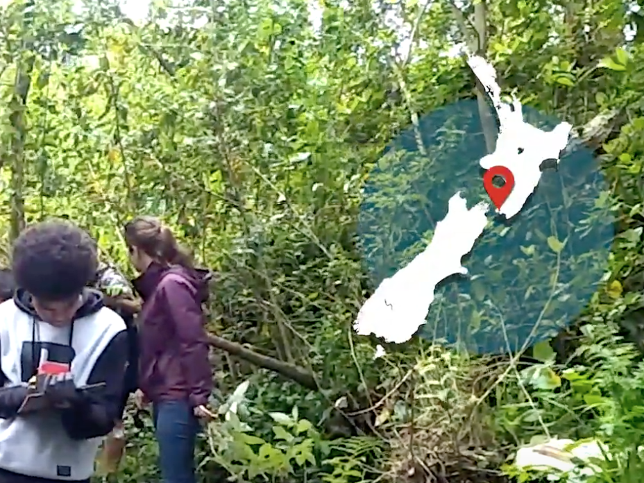 Still from Stream clean-up – Natone Park School, Porirua. Te Papa People walking through bush with a map of New Zealand overlaid on the right-hand side