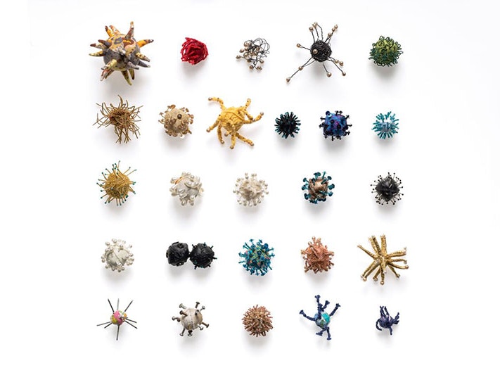 Jo Dixey, Viruses, 2020, mixed media. Gift of Jo Dixey, 2020. Te Papa (GH018320) A collection of representations of the Covid-19 virus, made from an assortment of materials