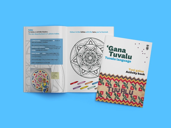 Tuvalu language activity book, 2021. Te Papa. Mockup Photoshop template by FreePik user user17882893 Mockup of an open Tuvalu language activity book