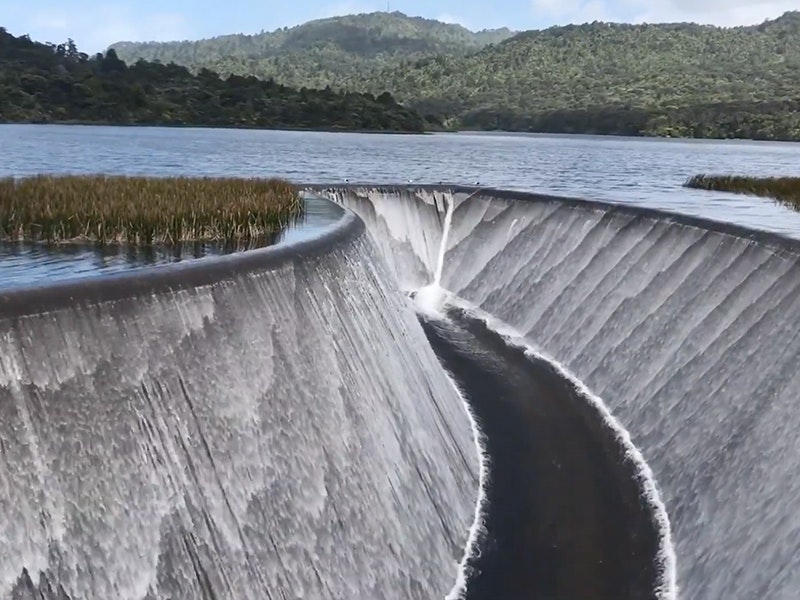 Video still from Saving whitebait and eels, Auckland. Te Papa A lake with a man-made channel in the middle of it with water flowing down both sides