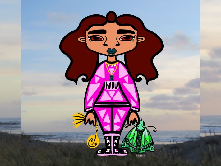 Image by Te Kahureremoa Taumata for the From the Past, for Tomorrow teaching resource Illustration of a young woman superimposed onto a photo of a beach