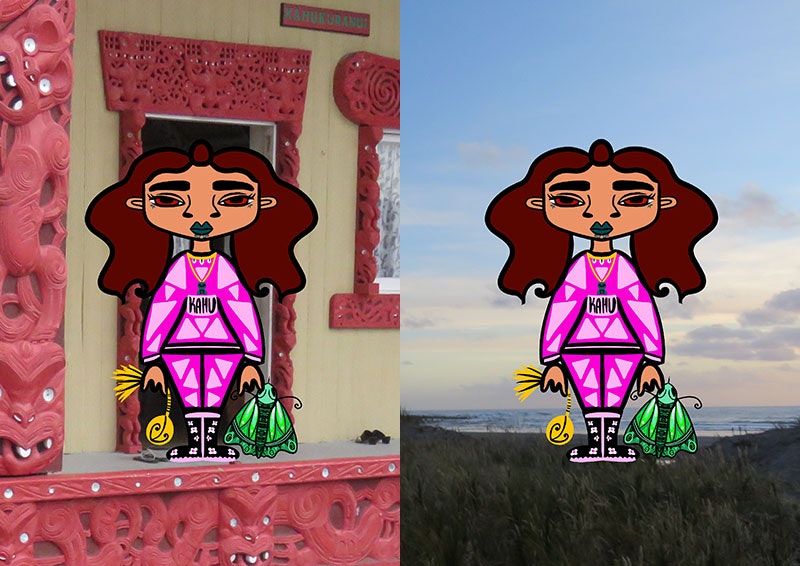 Two photos depicting the avatars overlaid in two locations, on a marae and at the beach