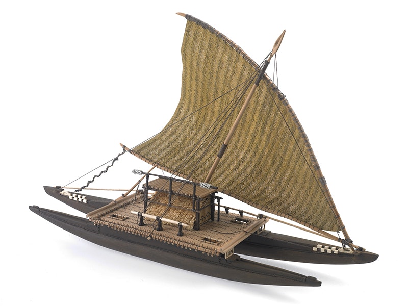 Model drua (sailing canoe), 2002, by Alex Kennedy. Commissioned 2002. CC BY-NC-ND 4.0. Te Papa (FE011790) A model of a double-hulled canoe