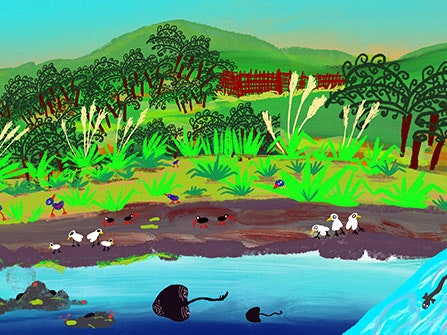 f31-reihana-land-before-time.jpg Hand drawn picture of a landscape with a river flowing into a sea, and lots ofwildlife