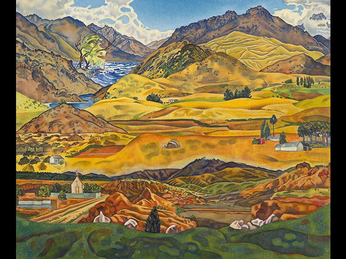 Rita Angus, Central Otago, 1953-56/1969, oil on canvas. Gift of Douglas Lilburn, 1972. © Reproduced courtesy of the Estate of Rita Angus. Te Papa (1972-0030-1) Painting of a rural scene. There are tall mountains and a lake in the distance, with a river running towards a town in the foreground