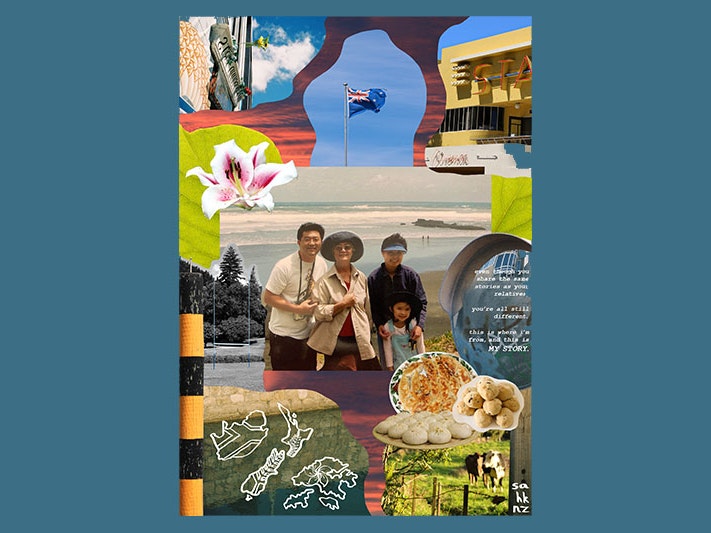 Samantha Fei’s story, 2022. Collage by David Jiang, courtesy of the artist Collage of photos. In the middle is a family photo at the beach, showing four people. Surrounding this photos are many photos depiting the New Zealand flag, food, cows in a field, a flower, and a rugby goalpost