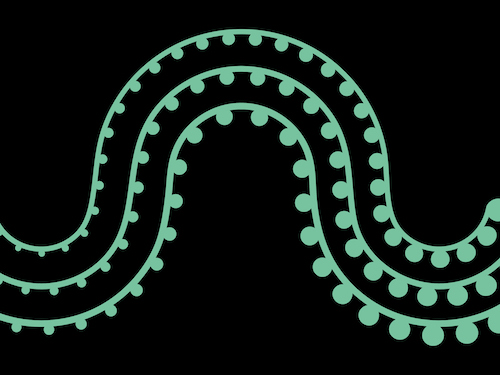 Illustration of mint-green wavy lines with dots on them on a black background