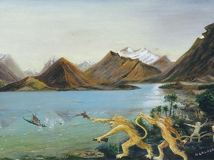 Tony de Lautour, Send off, 1999, oil and varnish on an old oil painting on paper mounted on board. Purchased 1999 with New Zealand Lottery Grants Board funds. Te Papa (1999-0021-2) ma_i083369-tile.jpg