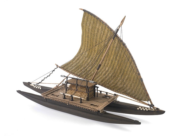 Model drua (sailing canoe), 2002, by Alex Kennedy. CC BY-NC-ND 4.0. Te Papa (FE011790) A model Drua