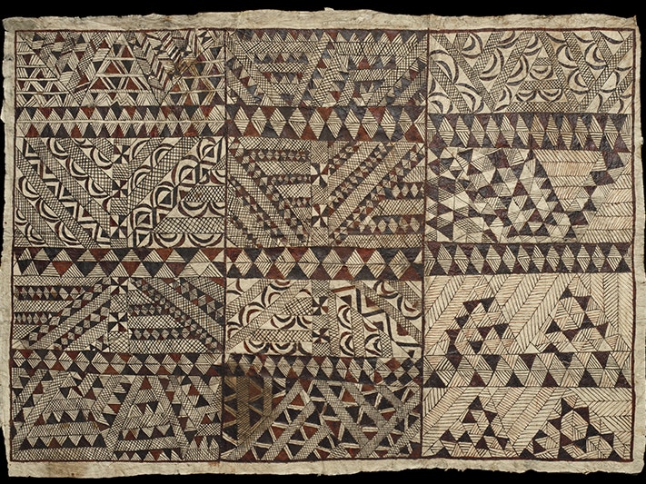 Masi (tapa cloth), Fiji, maker unknown. Purchased 1911. Te Papa (FE000120) Patterned tapa cloth with a lot of geometrical patterns on it