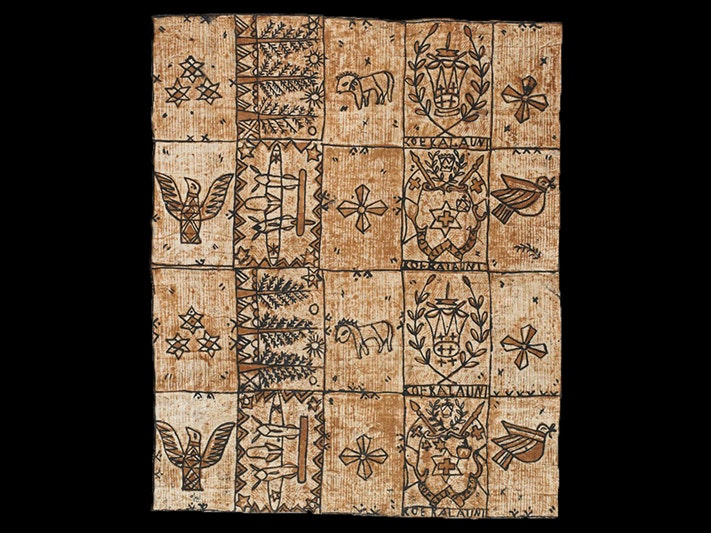 Ngatu (tapa cloth), Unknown; about 1940s; Tonga. Gift of Valerie Morris, 1989. Te Papa (FE008723) A paper cloth with designs on it. It's sepia and brown in colour