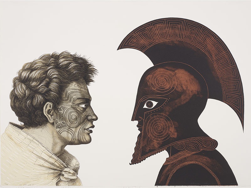 Marian Maguire, Ko wai koe? (Who are you?), from ‘The odyssey of Captain Cook’, 2003, ink on paper. Te Papa (2006-0015-1/2) =""