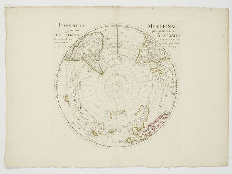 Hemisphere pour voir Les Terres/ Meridional plus distinctement Australes, 1714, France, by Guillaume De L’Isle. Te Papa (MU000049/005/0007) =""