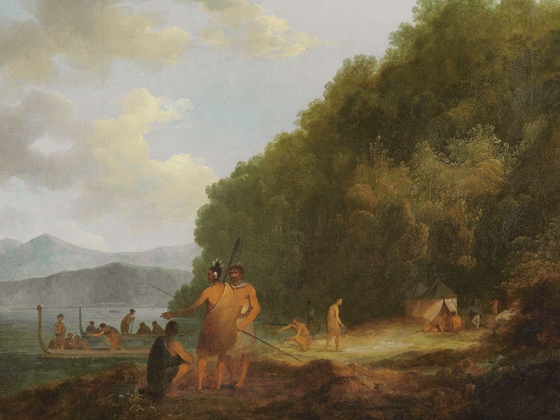 Ship Cove, Queen Charlotte Sound, circa 1788, England, by John Webber. Purchased 1991 from the Bishop Suter Art Gallery, Nelson, with New Zealand Lottery Grants Board funds; gift of Sir Francis Henry Dillon Bell to the Bishop Suter Art Gallery, 1931. Te P Painting of Māori trading with British sailors