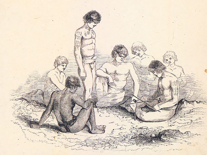 Based on work by Alfred Thomas Agate, Bowditch Islanders, about 1850. Public domain. Naval History and Heritage Command (98-089-AT) Illustration of a group of men preparing to tattoo