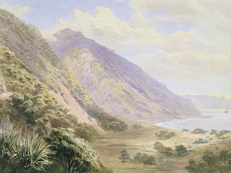 Paekakariki, 1883, New Zealand, by John Gully. Gift of the New Zealand Academy of Fine Arts, 1936. Te Papa (1936-0012-241) Watercolour painting of a coastline