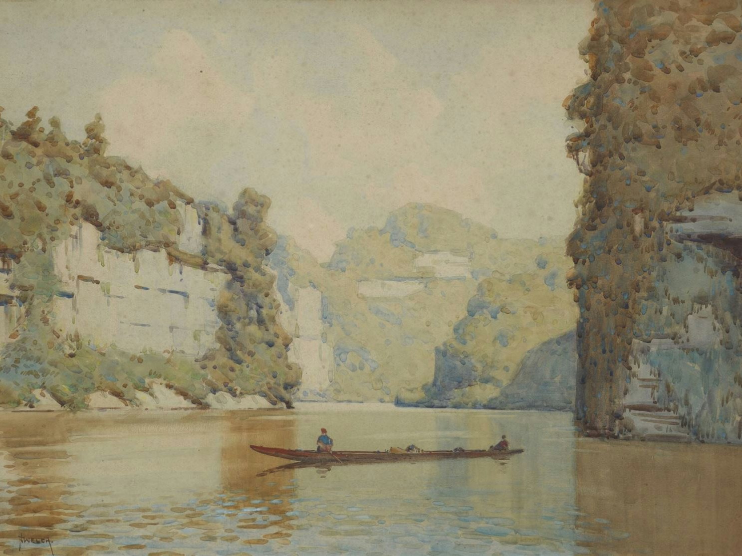 Wanganui River, by Nugent Welch. Purchased 1966. CC BY-NC-ND 4.0. Te Papa (1966-0023-1) Watercolour of a river and a boat