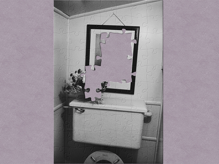 Jigsaw image with pieces missing A picture of a jigsaw with pieces missing on a purple background