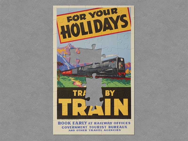 Poster, ‘For Your Holidays’, about 1940, New Zealand, by New Zealand Railways Publicity Branch, E Paul. Te Papa (GH015813) Illustrated tourism poster featuring a train in the country with mountains in the background. Text on the poster reads ‘For your holidays travel by train’