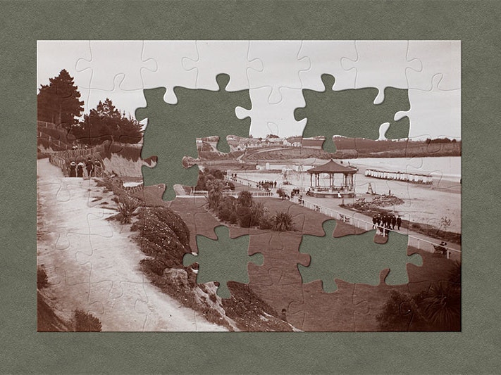 Beach at Timaru, Timaru, by Burton Brothers studio. Te Papa (O.019251) A broad scene of a beach, with a rotunda in the foreground and people out walking