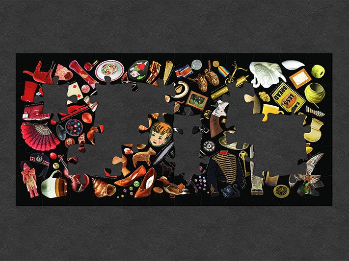 Kerry Ann Lee, Knowledge on a beam of starlight (panel 1), 2014, found images and questions, vinyl, commissioned 2014. Te Papa (MA_I.342631) A collage comprising of objects from Te Papa’s collections, organised by colour and shape