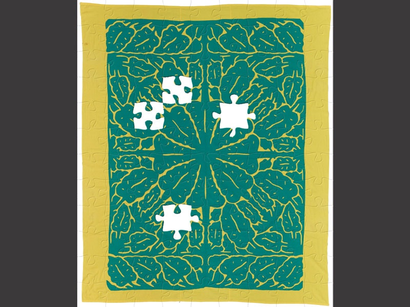 Tīvaevae manu (quilt) and matching pillow cases, about 1980s, maker unknown, Cook Islands. Purchased 1995 with New Zealand Lottery Grants Board funds. Te Papa (FE010471) Puzzle of a turquoise and yellow patterned quilt with leaves on it