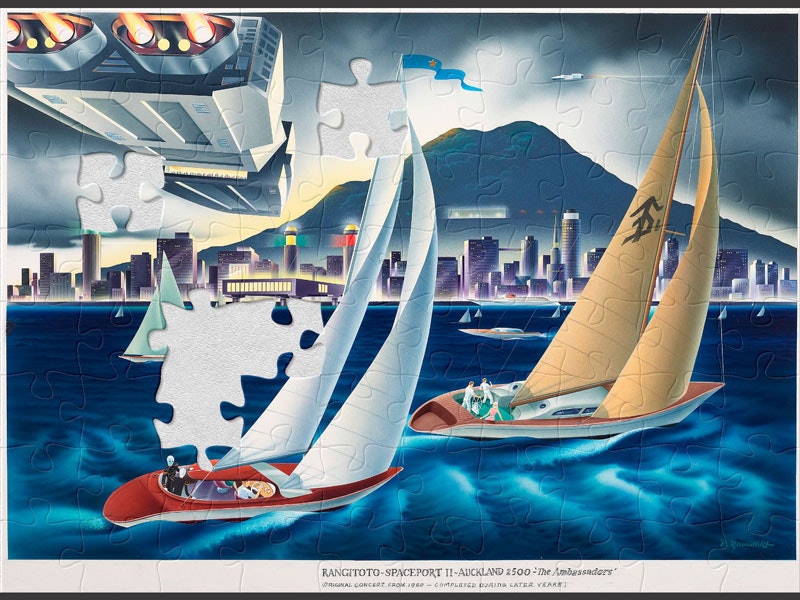 Rangitoto Spaceport II - Auckland 2500 - 'The Ambassadors', 1960, by Bernard Roundhill. © Te Papa. CC BY-NC-ND 4.0. Te Papa (CA000659/001/0002) Puzzle of a colourful painting of sailing boats and spaceships with a volcano in the distance