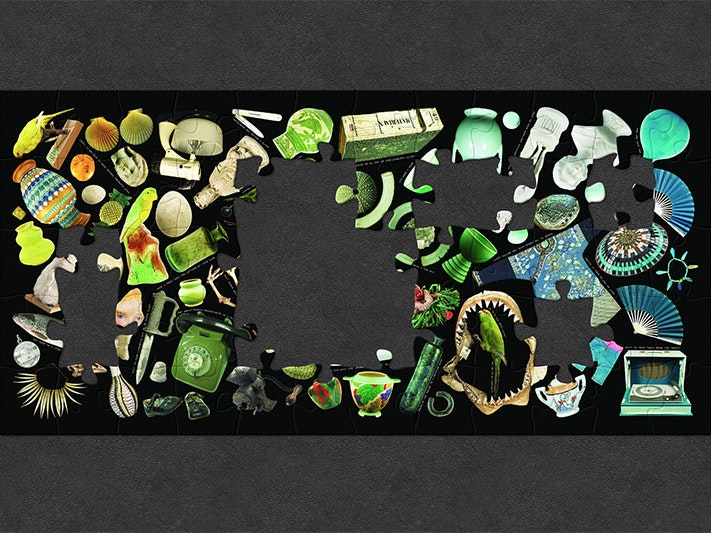 Kerry Ann Lee, Knowledge on a beam of starlight (panel 2), 2014, found images and questions, vinyl, commissioned 2014. Te Papa (MA_I.342631) A collage comprising of objects from Te Papa’s collections, organised by colour and shape