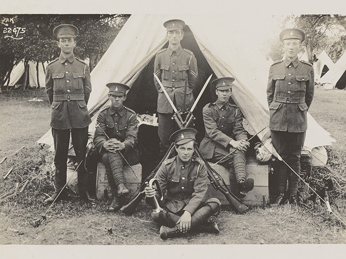 Soldiers, 20 March 1915, by Zak (Joseph Zachariah). Purchased 2013. Te Papa (PS.003435) Several soldiers in uniform posing for the camera next to a tent.
