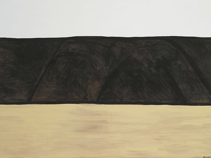 Colin McCahon, North Otago landscape 2, 1967. Purchased 1969 from Wellington City Council Picture Purchase Fund. CC BY-NC-ND 4.0. Te Papa (1969-0014-1) Three bold stripes represent the dramatic lines of the landscape: light grey for the sky, a dark brown for the hills, and a beige for the tussock land