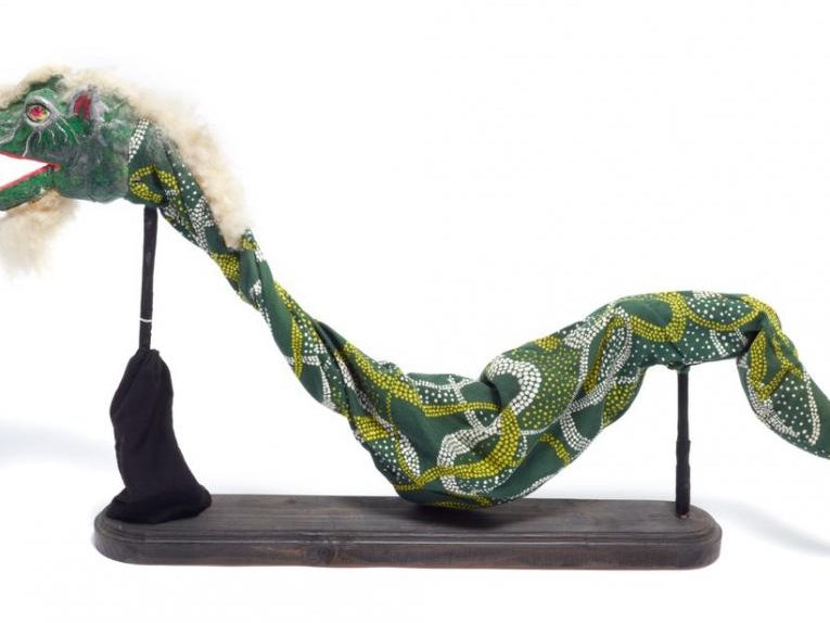 Puppet, Long Evil One, Burton Theatre of Puppets; maker/artist; 1974; New Zealand. Gift of Upper Hutt City Library on behalf of Edna Burton, 2010. Te Papa (GH020804) A long dragon puppet supported by two mounts