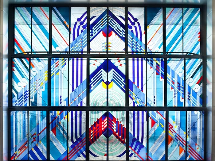 Detail of Te Marae doors, which represent Ranginui, 2010. Photograph by Kate Whitley, © Te Papa Detail of stained glass