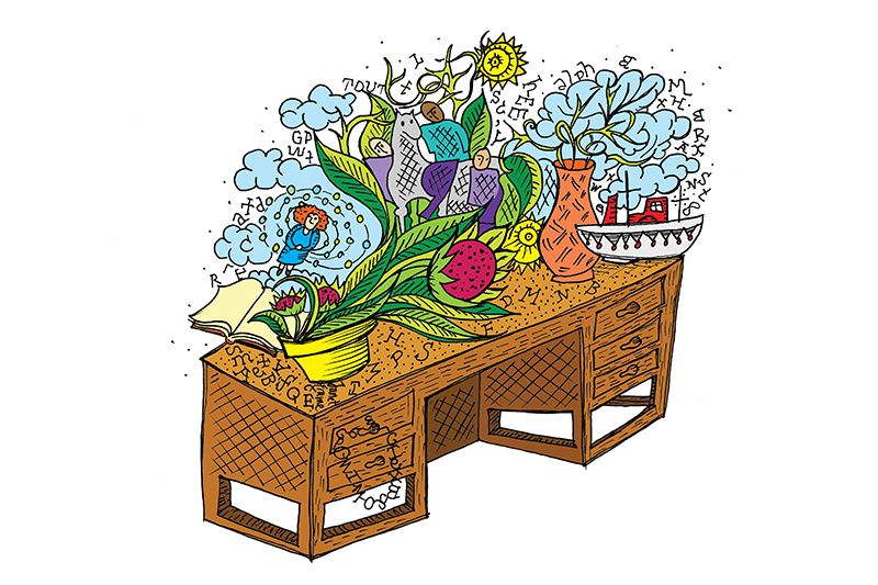 Illustration of a desk with colourful swirly images 'growing' off it.