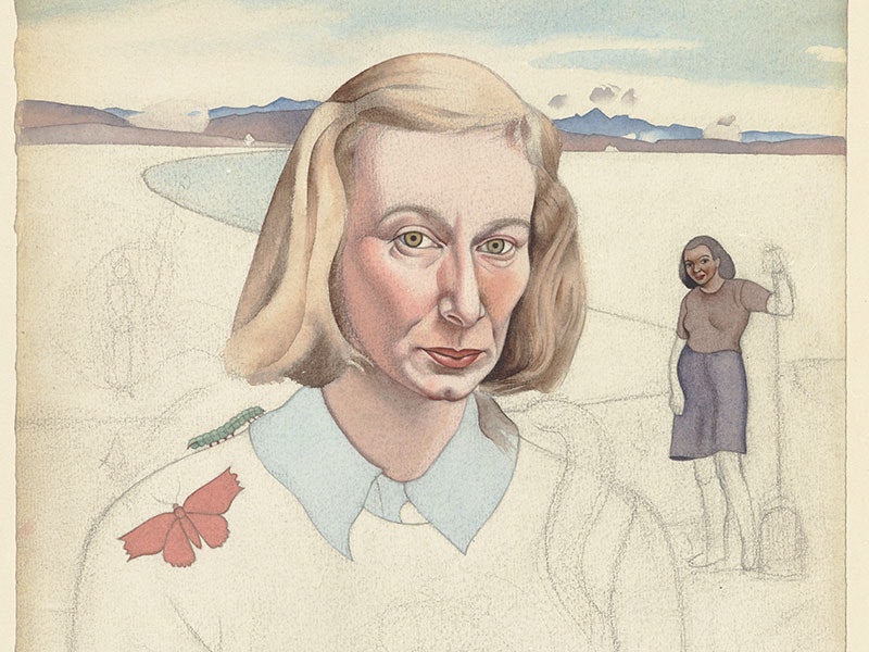 Rita Angus, Self-portrait (with moth and caterpillar), 1943, pencil and watercolour. Gift of the Rita Angus Estate, in memory of William McAloon 2022. Te Papa (2022-0001-2) An unfinished self-portrait by Rita Angus. Her face has been coloured in, but the rest of the canvas is a sketch. On her shoulder is a red moth and a green caterpillar. A woman stands in the background standing with a broom