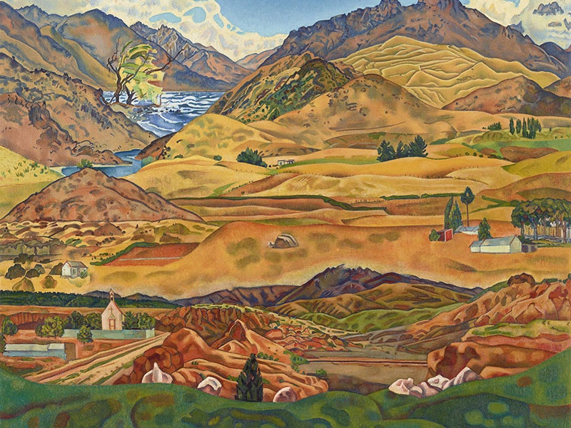 Rita Angus, Central Otago, 1953–56/1969, oil on canvas. Gift of Douglas Lilburn, 1972. Te Papa (1972-0030-1) Painting of a dense Otago landscape. Vibrant colours showcase the region’s hills, there’s Wānaka and its famous tree, and farmsteads and churches dotting the landscape