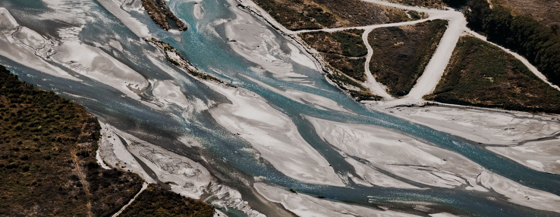 Aerial photo of the braided bed of the Shotover River
