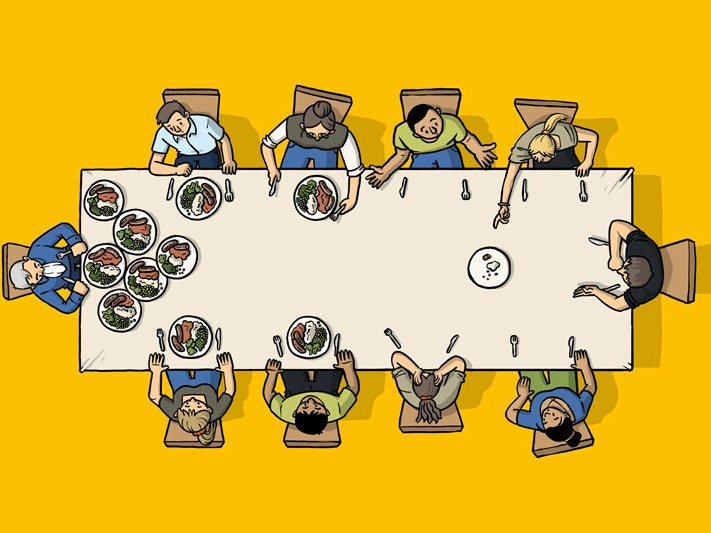 Excerpt from The Side Eye #45: ‘Two New Zealands: The Table’, by Toby Morris, 2022. Courtesy of Toby Morris Cartoon of 10 people sitting around a dining table, each with varying numbers of plates in front of them, from multiple to none