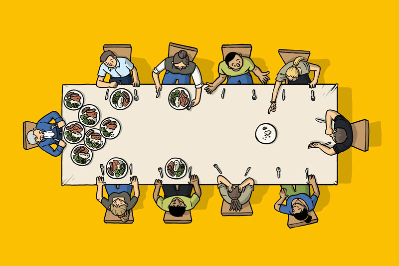 Cartoon of 10 people sitting around a dining table, each with varying numbers of plates in front of them, from multiple to none