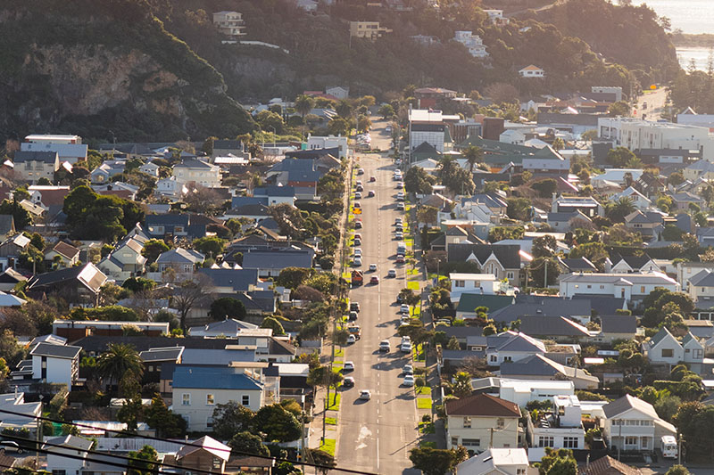 Aerial view of a Christchurch suburb. looking down a road, with houses on either side