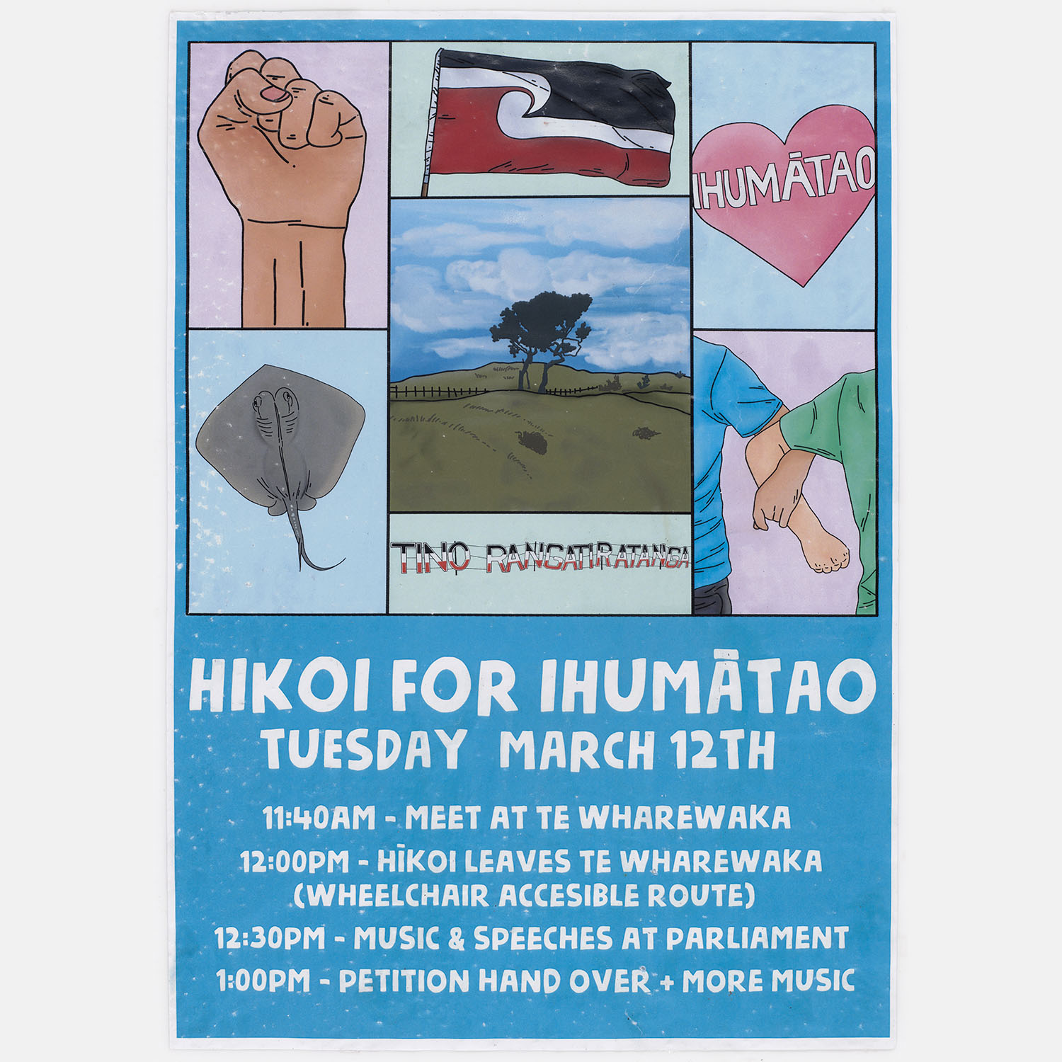 Flyer for a protest march, containing details and illustrations of a clenched fist, the tino rangatiratanga flag, a love heart with “Ihumātao” written inside it, two people linking arms, a ray, and a landscape scene