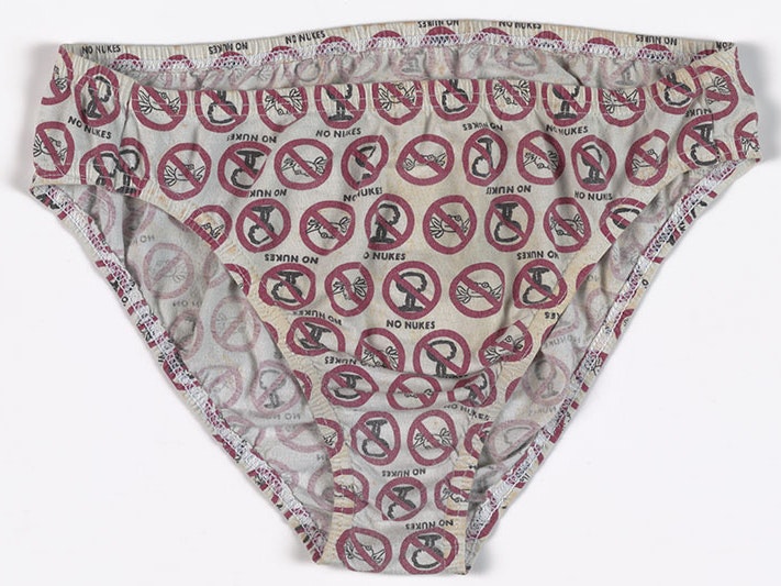 ‘No Nukes’ underpants, 1985, made by Lane Walker Rudkin, New Zealand. Gift of Mark Roach, 2013. Te Papa (GH017664) Pair of white underpants, covered in anti-nuclear symbols